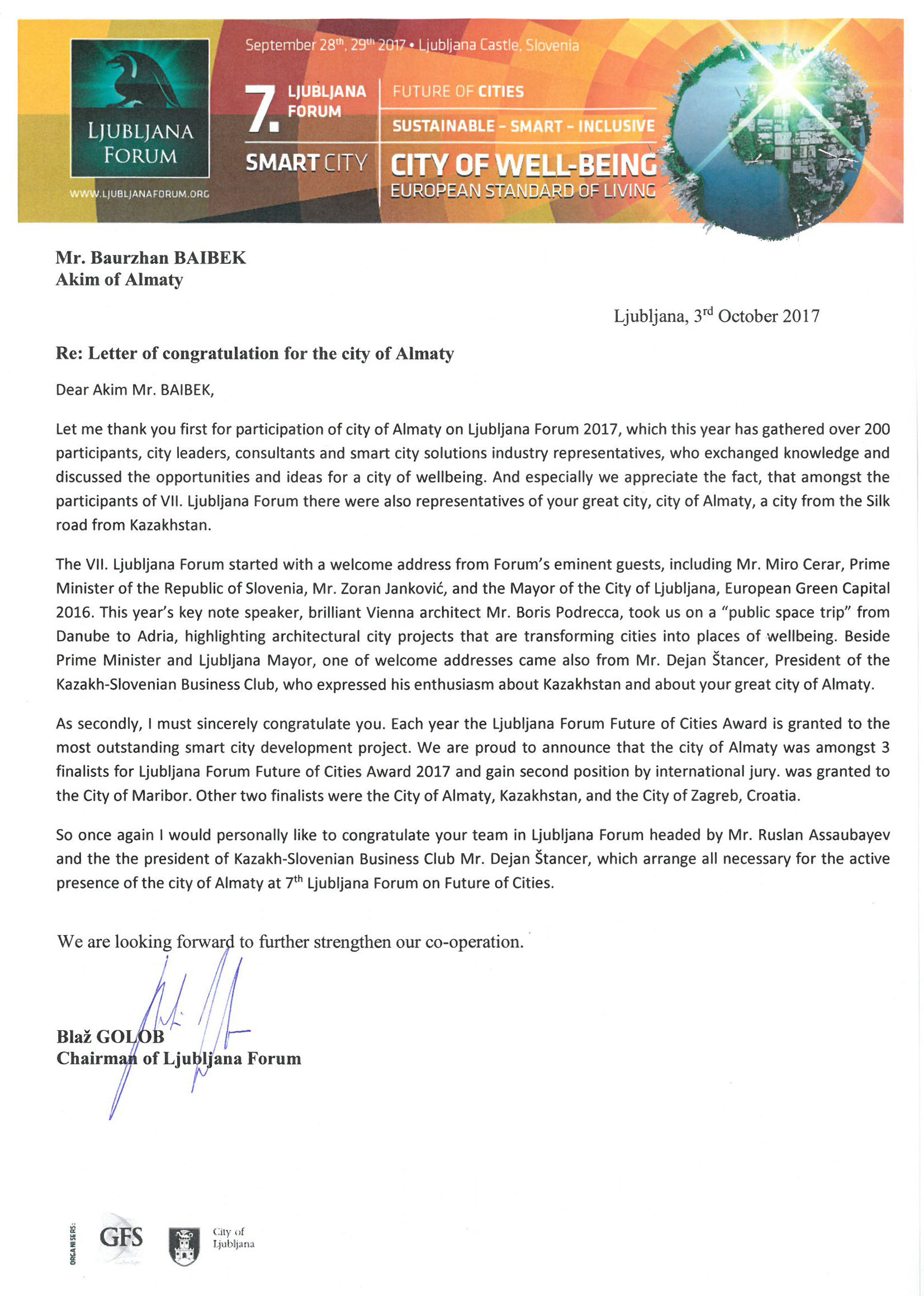 Letter of congradulation for the city of ALMATY